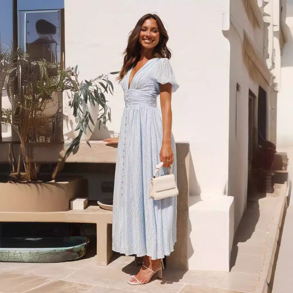 Women's Solid Color V-Neck Long uff Sleeve Maxi Dress 5