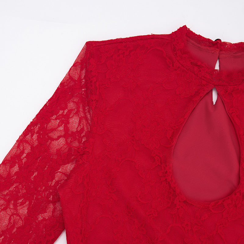 Autumn Women's Solid Color Lace-Up Sexy Lace Long Sleeve Ribbon Short Dress 18