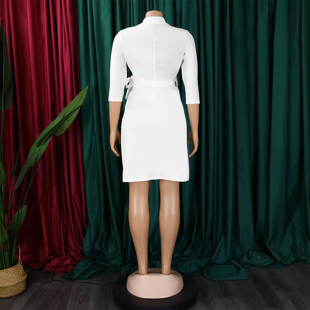 Plus Size Women's Fashion Turndown Collar Fashion Lace-Up Slim Waist Pleated African Dress 42