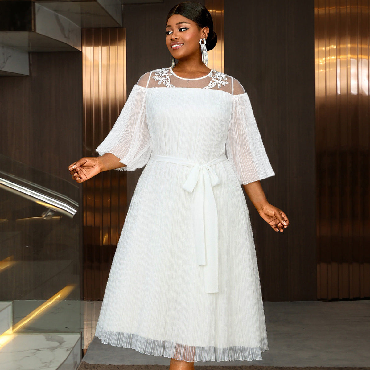 Plus-Size Women Elegant White Cutout Mesh Long-Sleeved Ruffled Belted Chiffon Dress 10