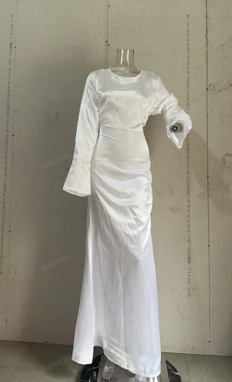 Women Round Neck Long Sleeve Lace Up Dress 4