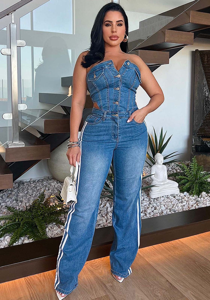 Women Strapless Off Shoulder Denim Wide-Leg Jumpsuit