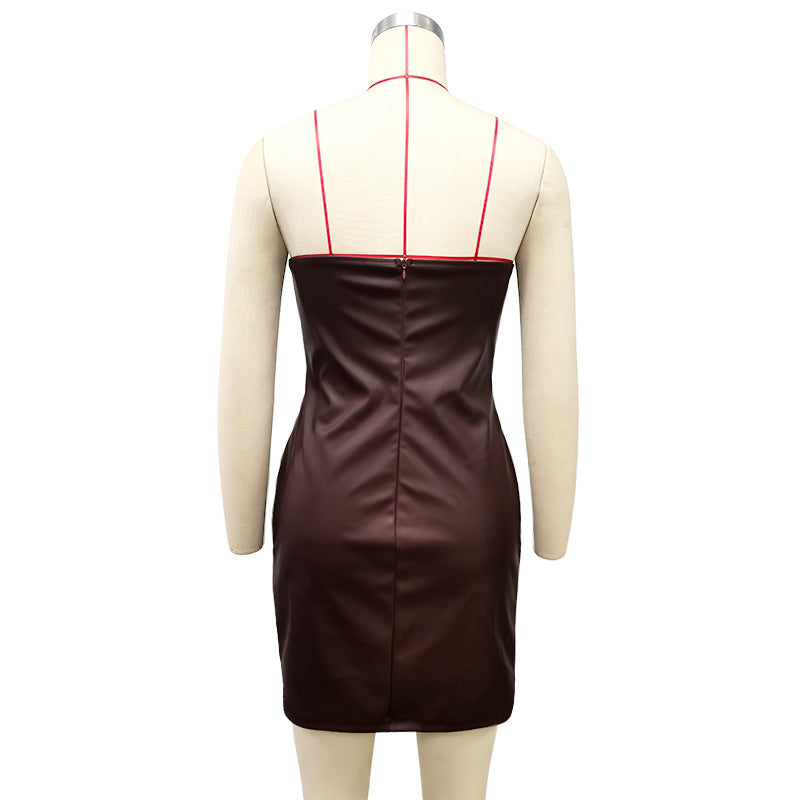 Women Strapless Sexy Bodycon Pu-Leather Dress 12