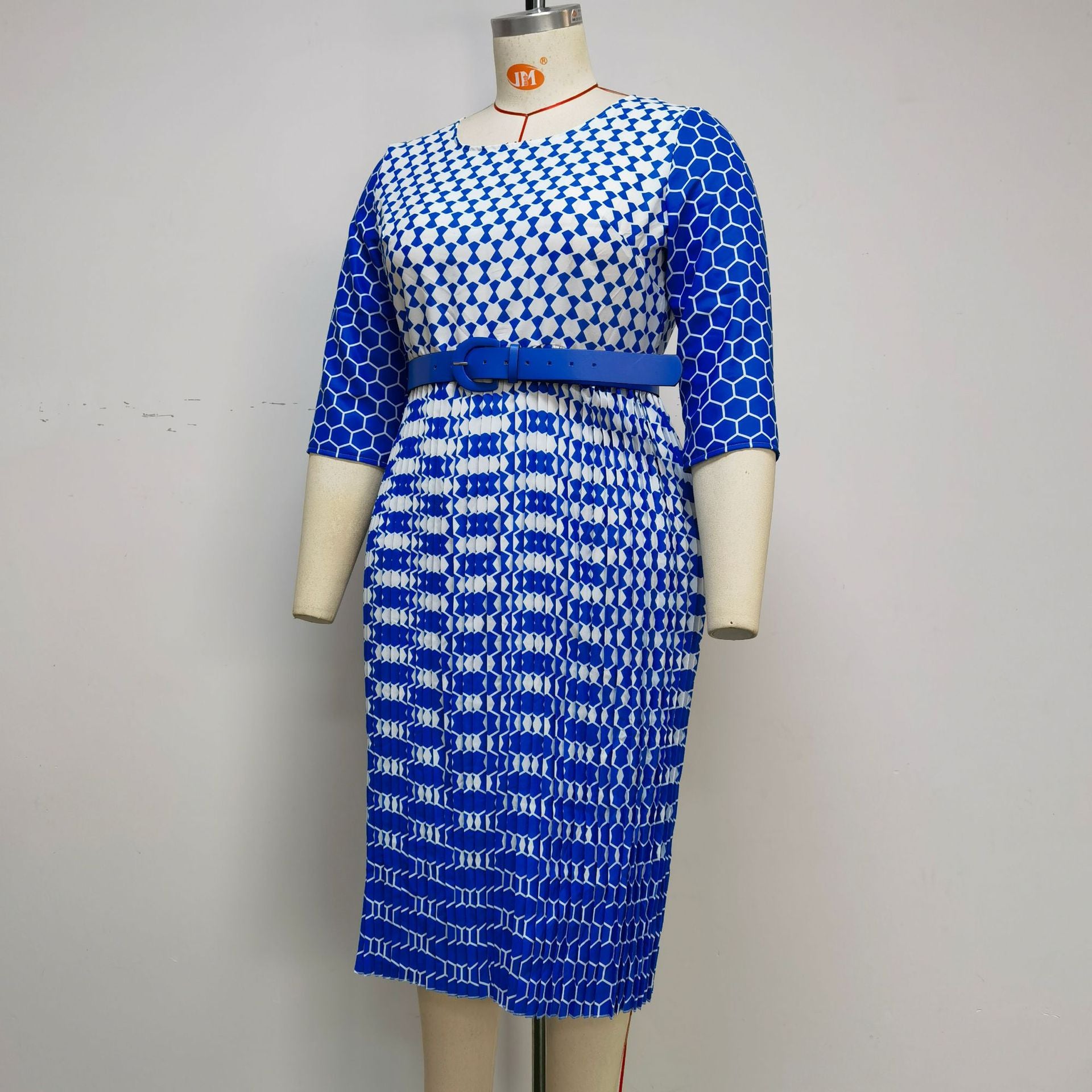 Plus Size Women African Round Neck Three-quarter Sleeve Pleated Snake Dress 6