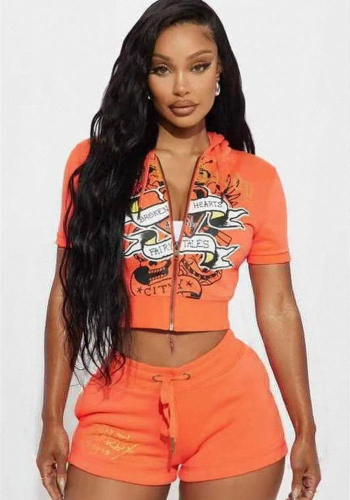 Short Sleeve Print Crop Hoodies & Shorts Set