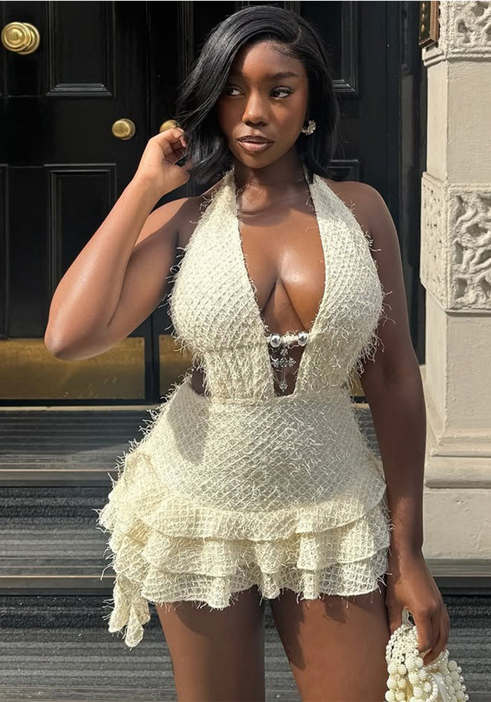 Women's V-Neck Cut-Out Tie-Up Lace-Up Low Back Fuzzy Mini Puffy Dress