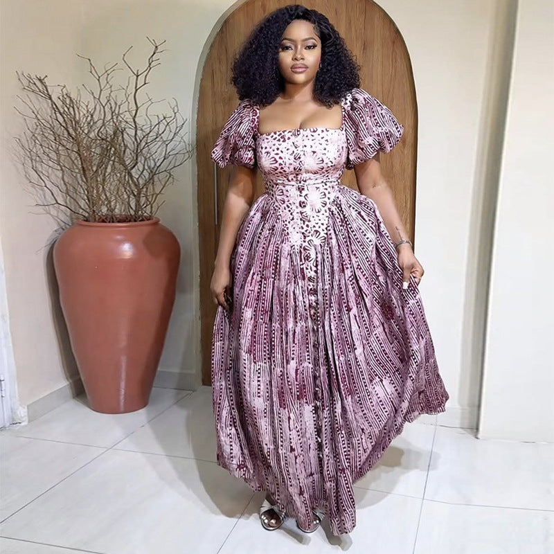 Women's Summer Fashion Square Neck Printed Bubble Sleeve High Waist Dress 3