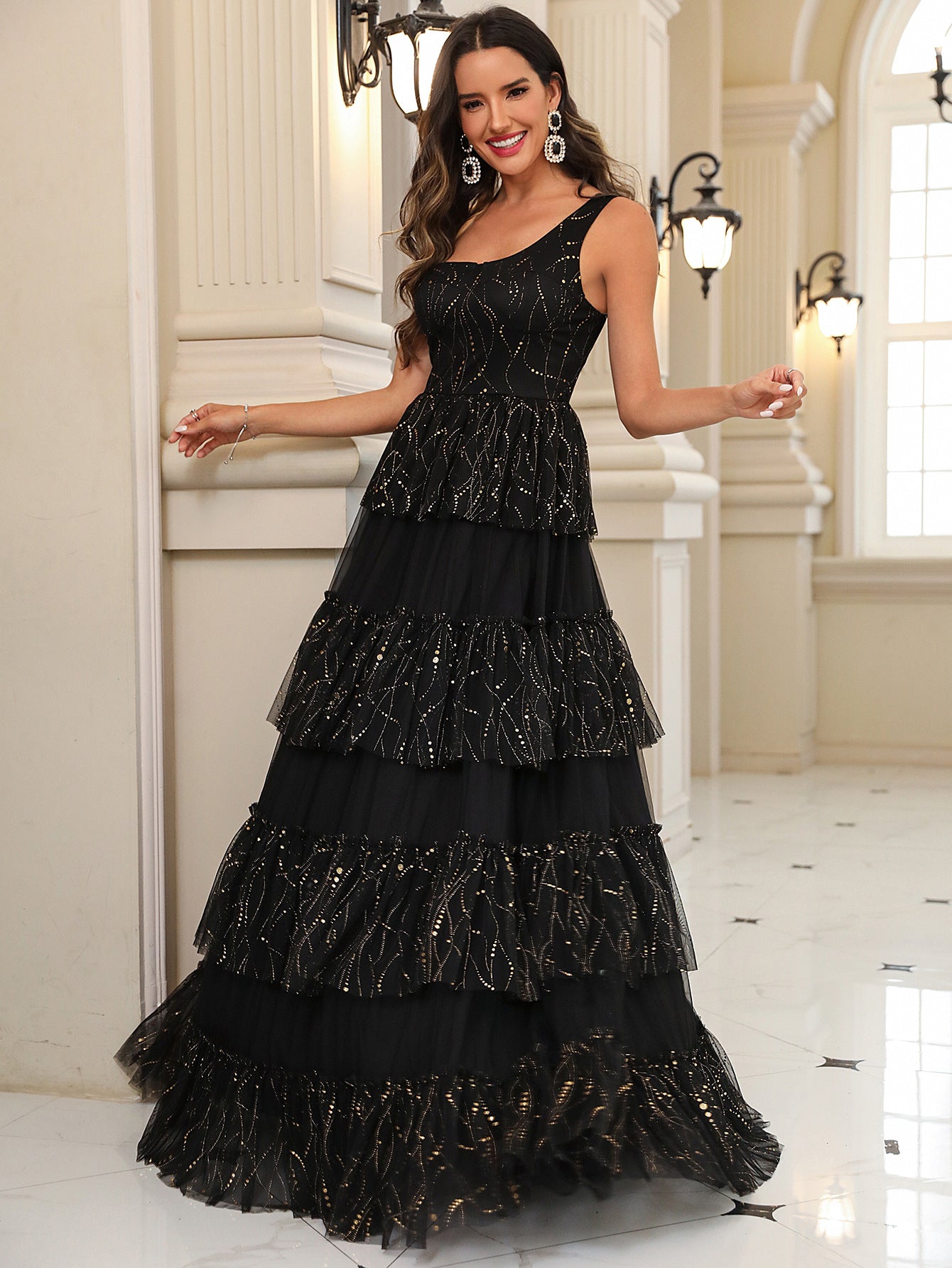 Summer Women's Slash Shoulder Cascading Ruffles Mesh  Elegant Chic Long Evening Dress 4