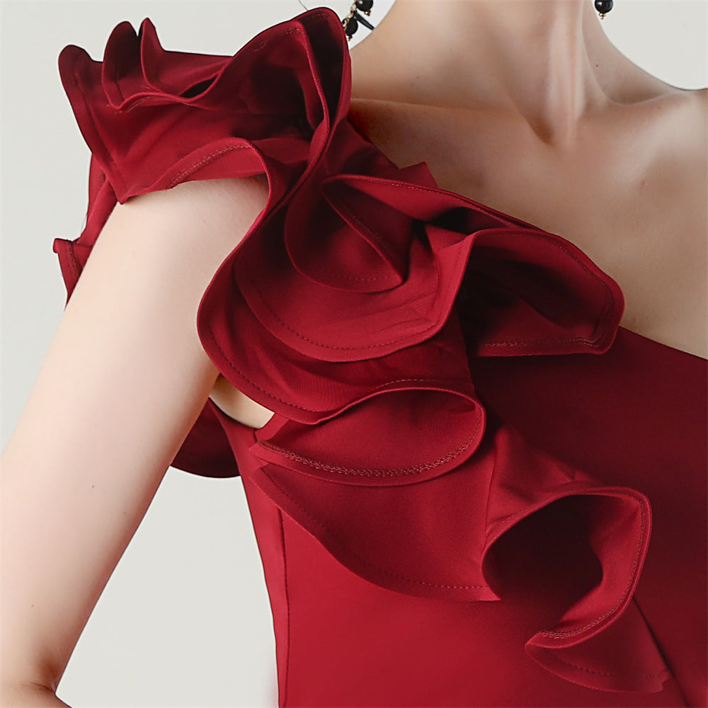 Women One-Shoulder Beaded Wool and Floral Satin Slit Sexy Evening Dress 52