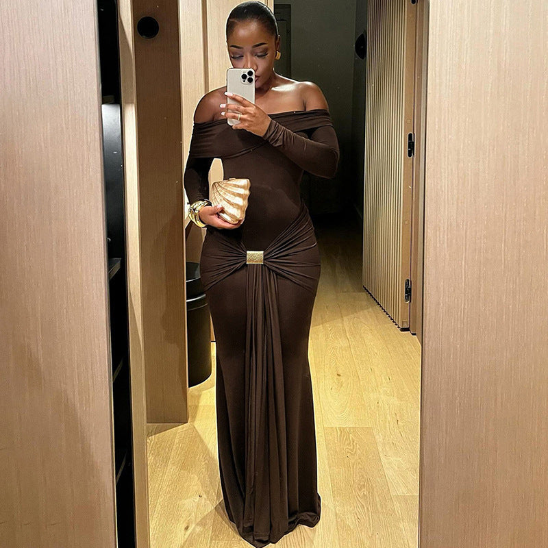 Women Autumn and Winter Off Shoulder Solid Long Sleeve Bodycon Dress 3