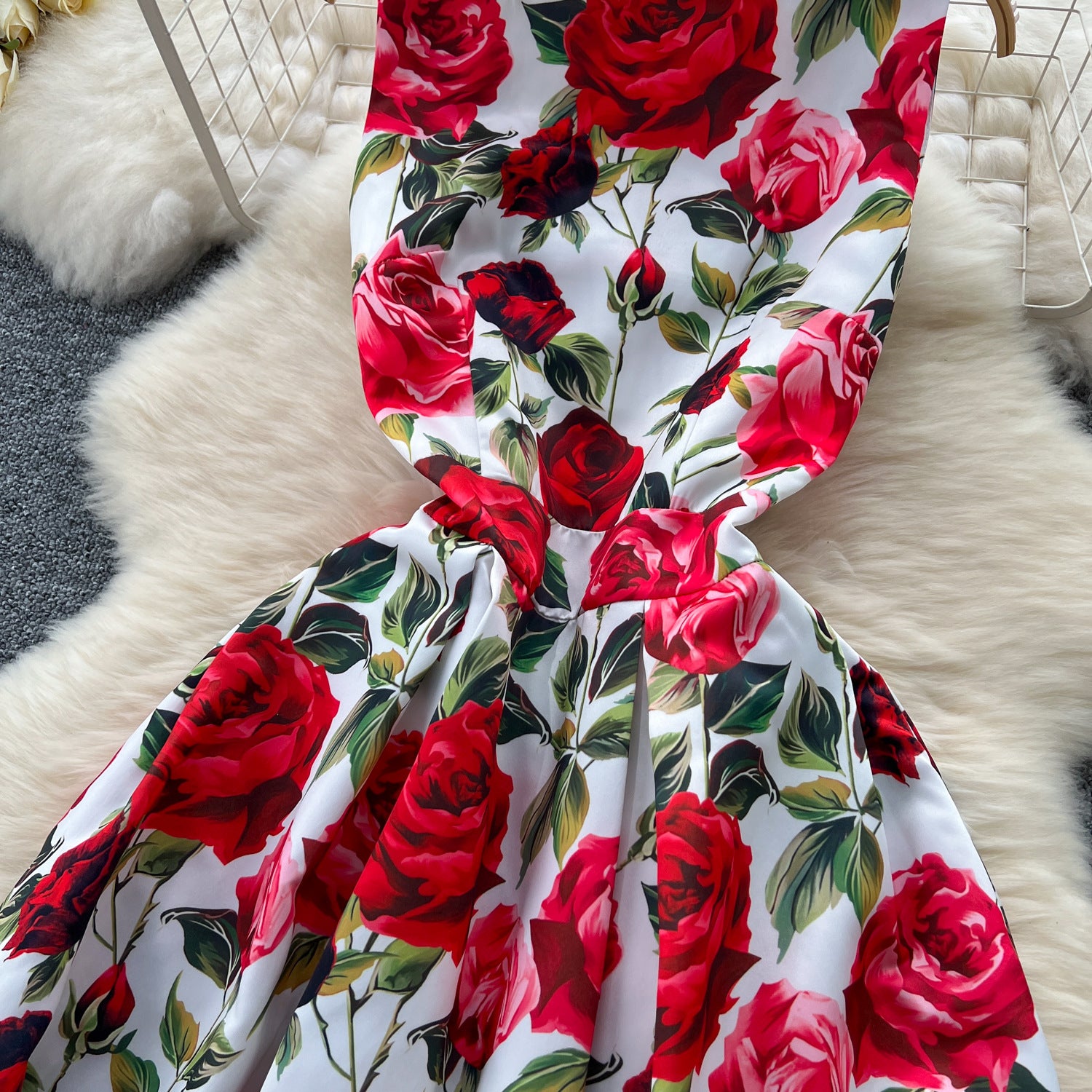 Fashion Printed Round Neck Slim Waist Pleated Flare Sleeveless Mini Dress 26