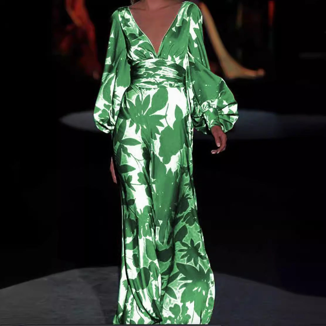 Spring Summer Women's Fashionable Printed Sexy V-Neck Slim Waist Loose Long Dress 7