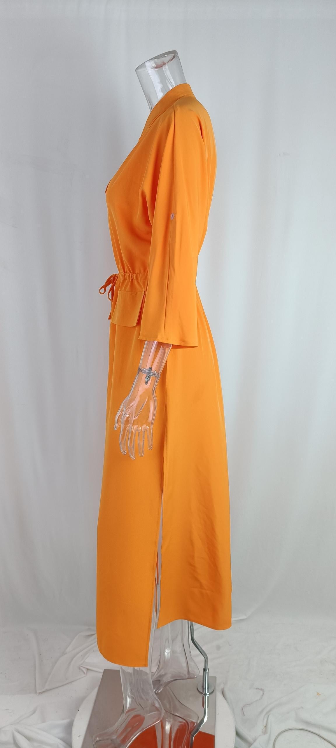 Fall Women Casual Fashion Stand Collar Slit Maxi Solid Dress 9