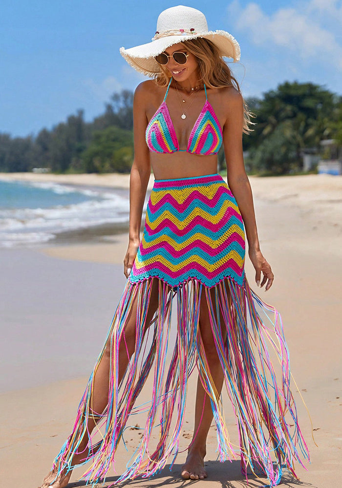 Women sexy crocheted wave pattern fringed beach cover-up dress two-piece set