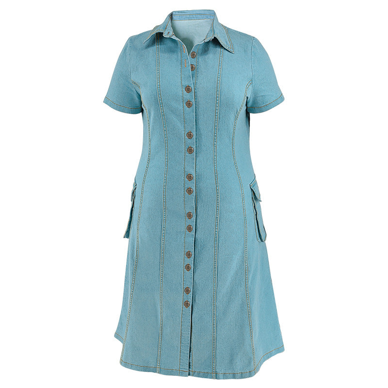 Plus Size Women's Turndown Collar Short Sleeve Button Fashion Denim Dress 5