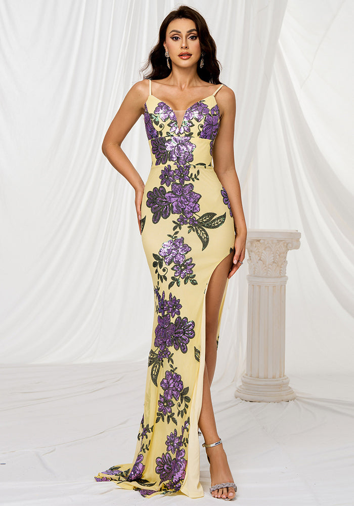 Women sling v neck bodycon sequins formal party slit evening dress