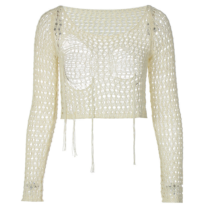 Women's Knitting Blouse Ripped Sexy Design Short Long Sleeve Top 8