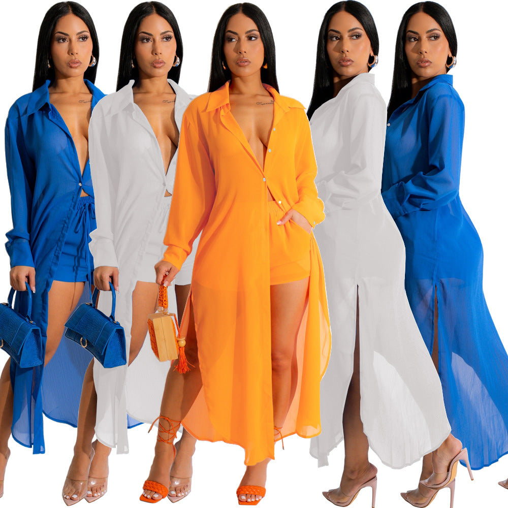 Women's Fashion Button Slit Casual Sexy See-Through Sun Protection Jacket And Shorts Two Piece Set 7