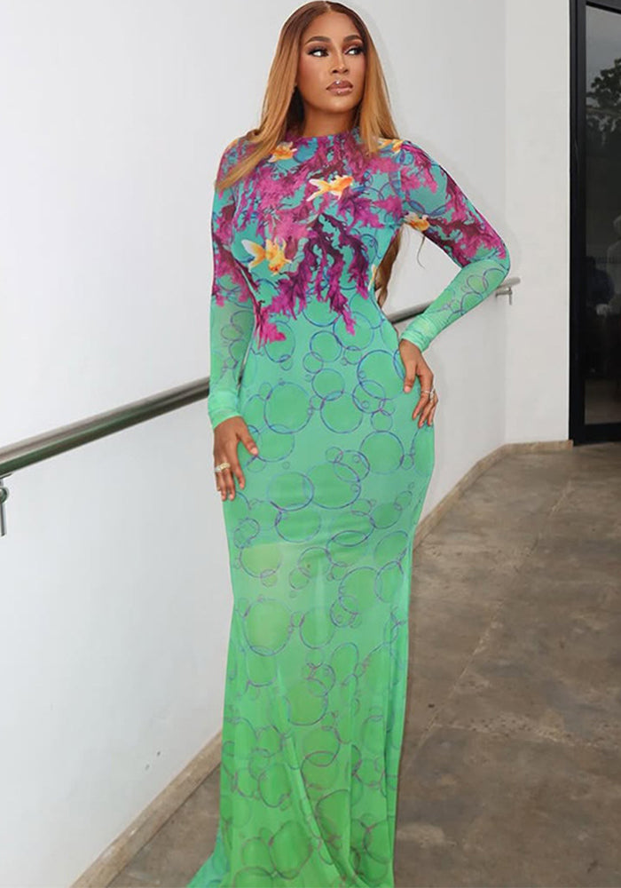 Trendy Summer Women's Print Slim Fit High Neck Long Sleeve Dress