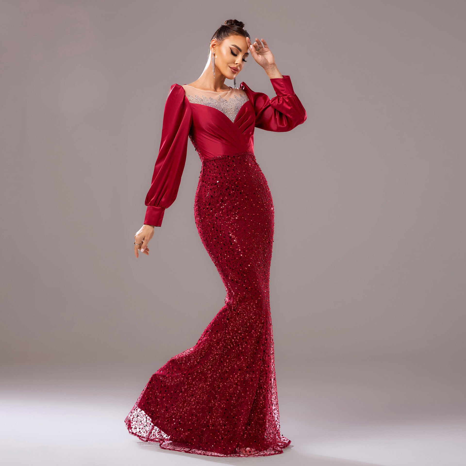 Chic Long Sleeve Round Neck Formal Party Bodycon Beaded Sequin Evening Dress Women Bridesmaid Gown