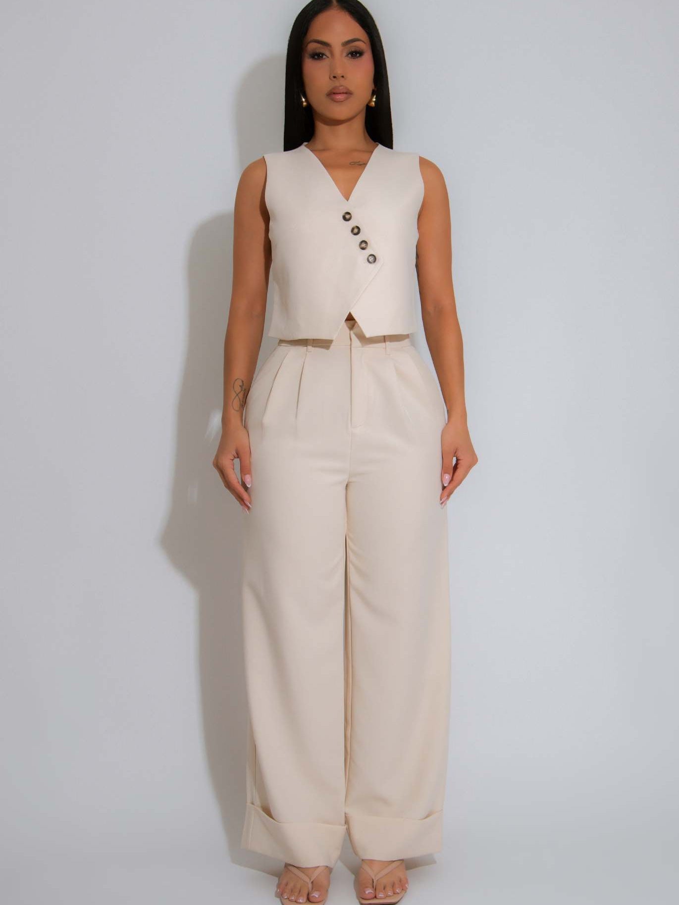 Women Solid Sleeveless V-Neck Vest Top Casual Wide Leg Pants Two-Piece Set 5