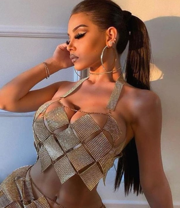 Women's Nightclub Style Sexy Diamond Sequin Checkered Two Piece Skirt Set 4