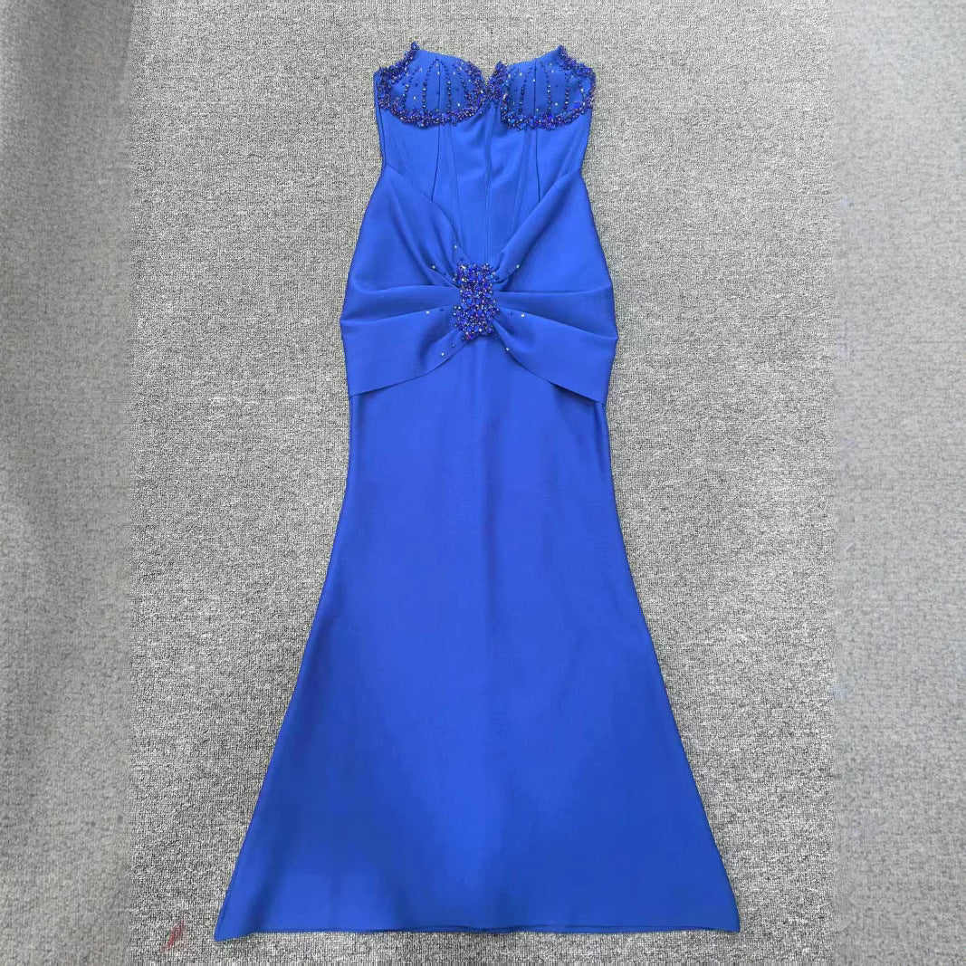 Women Sapphire Blue Beaded Embroidery Strapless Party Evening Dress 3