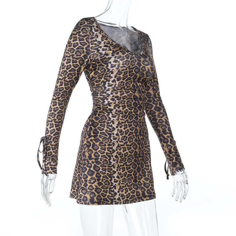 Women Fall V-Neck Leopard Print Crossover Lace-Up Dress 7