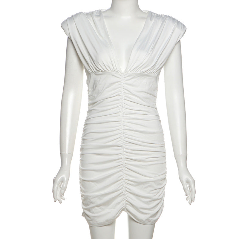 Women Summer Sexy V Neck Bodycon Pleated Solid Dress 10
