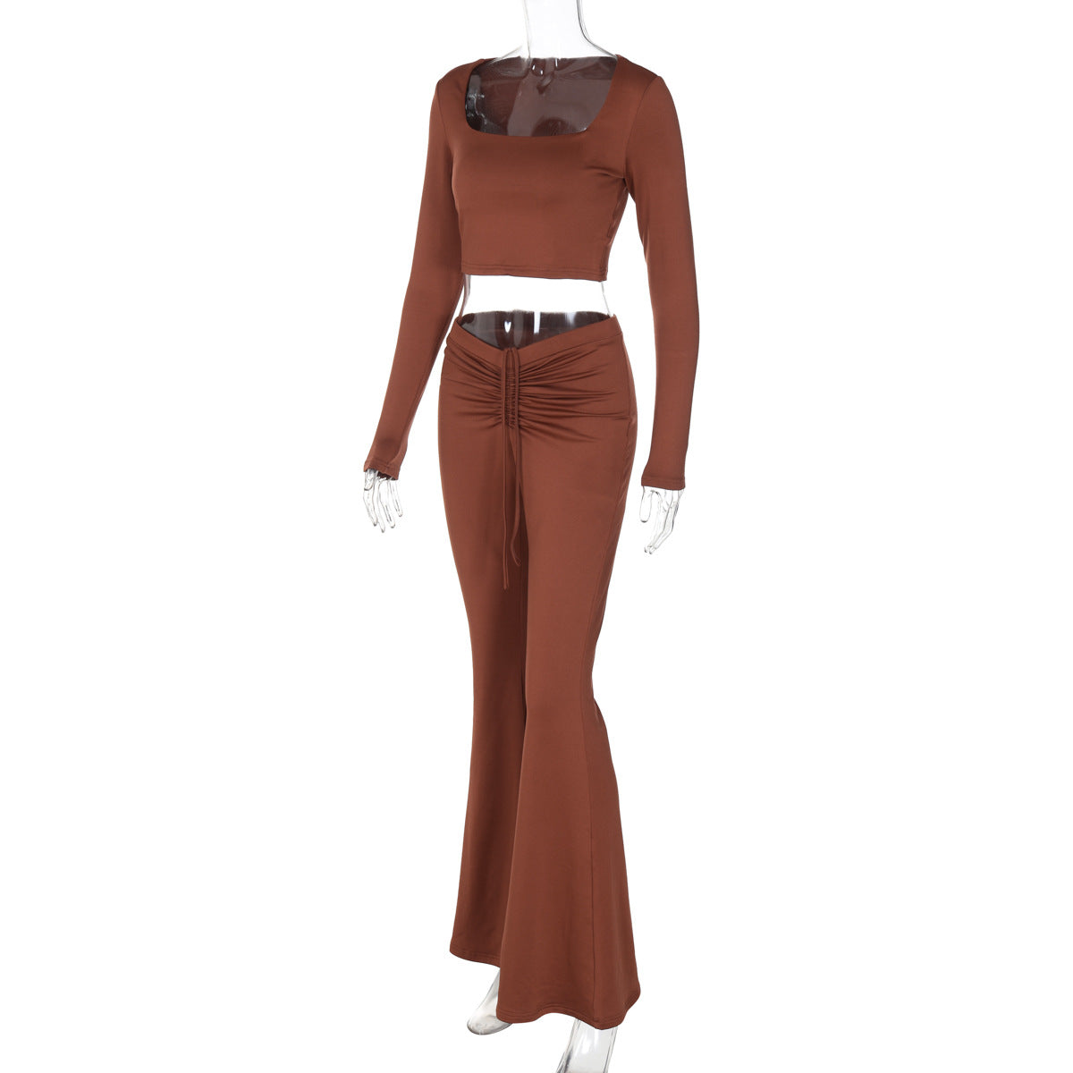 Winter Fashion Solid Color Long Sleeve Top Drawstring Pleated Bell Bottom Pants Women Two Piece Set 9