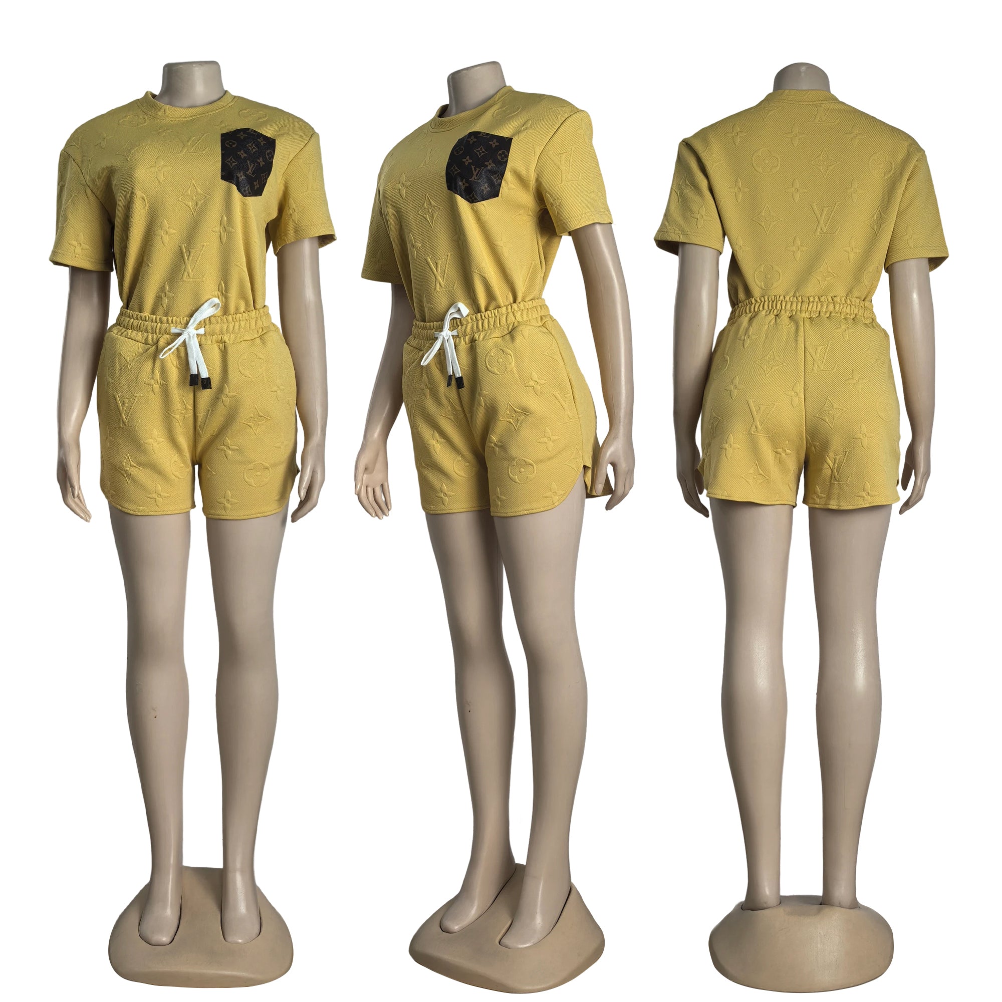 Women casual Pu-Leather pocket jacquard short-sleeved top and shorts sports two-piece set 10