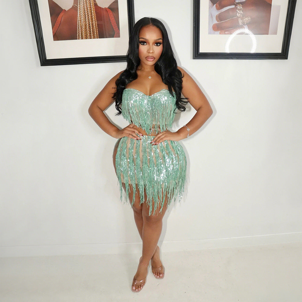 Strapless Top with Bodycon Skirt Fashion Fringe Two-Piece Women's Set 4