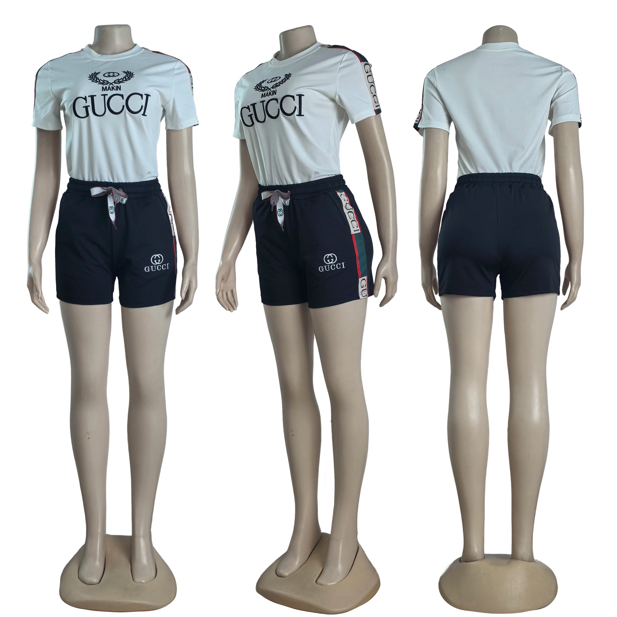 Fashionable Casual Embroidered Round Neck Top & Wide-Waist Ribbon Shorts Set 8