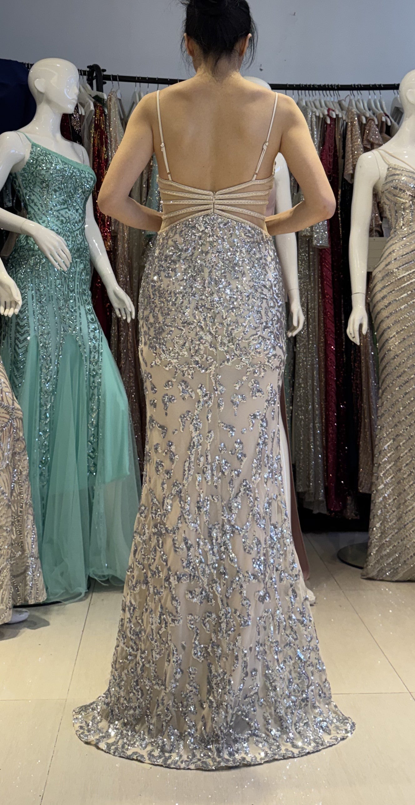 Women clothing V Neck sequins beaded hollow mesh off-shoulder Formal Party evening dress 40