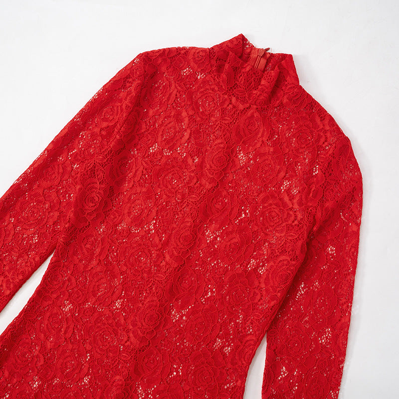 Women lace Patchwork half-high collar sexy dress 9