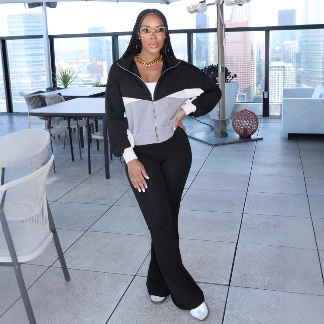 Autumn And Winter Women's Long Sleeve Zipper Jacket Tight Fitting Bell Bottom Pants Two-Piece Set 9