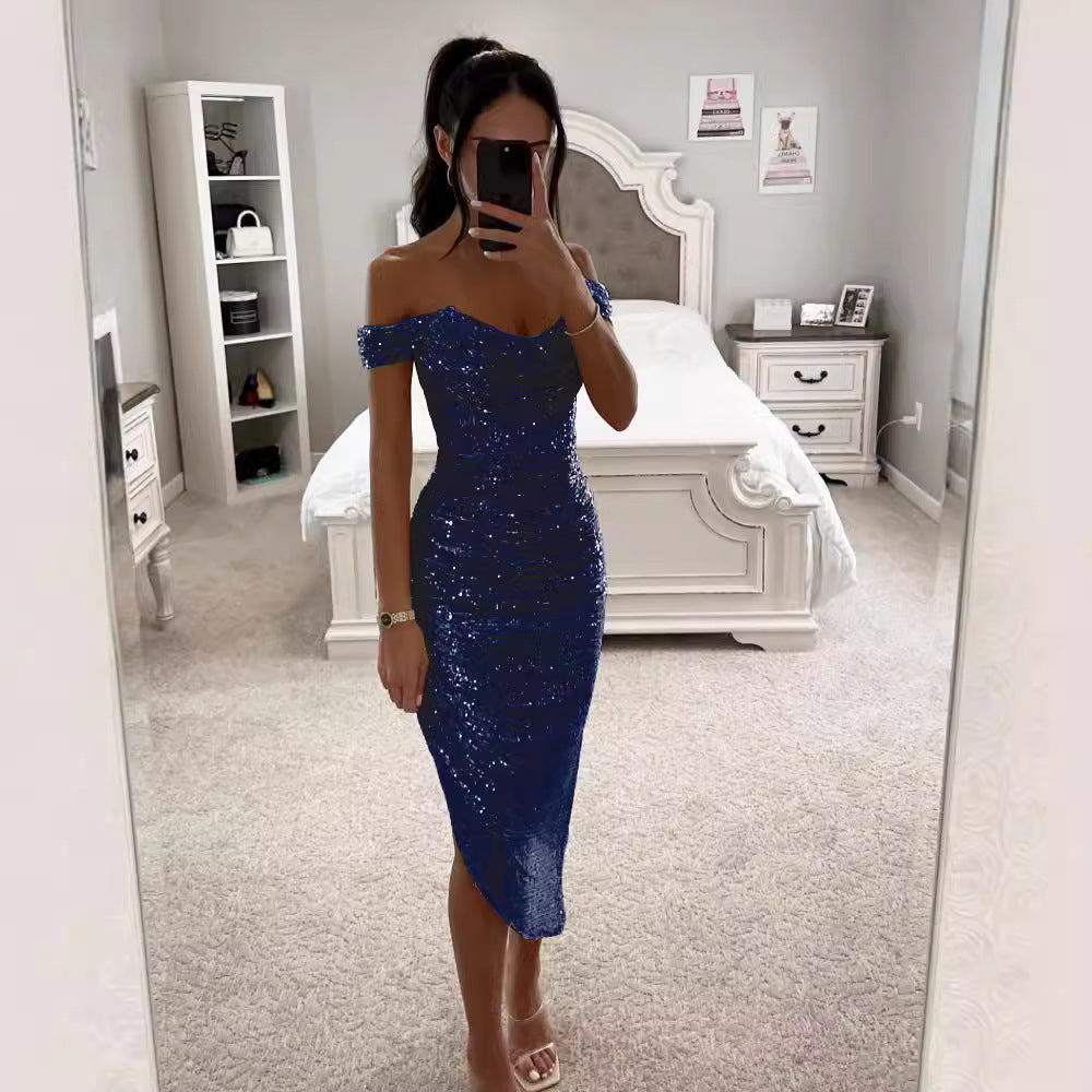 Spring Autumn Sequin Off Shoulder Fashion Party Women's Dress 12