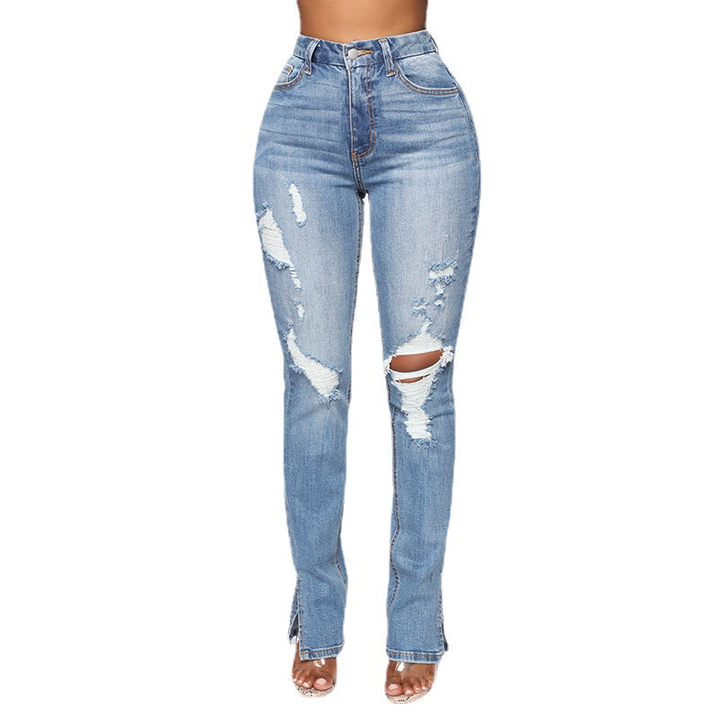 Slit Women's Blue Washed Ripped High Waist Stretch Denim Pants 6