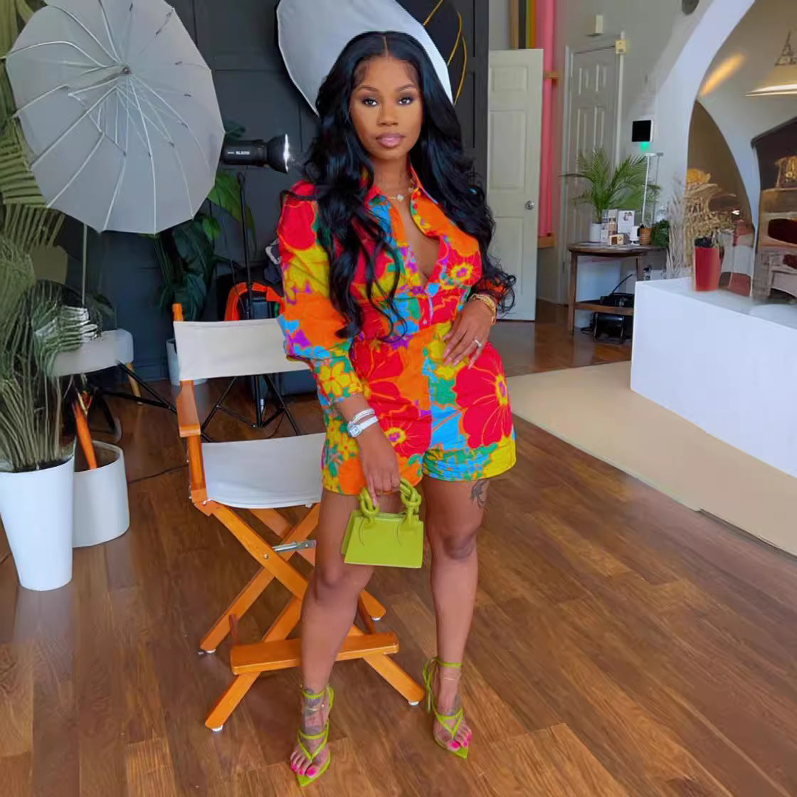 Summer Women Flower Print Long Sleeve Shirt Shorts Two-piece Set 3