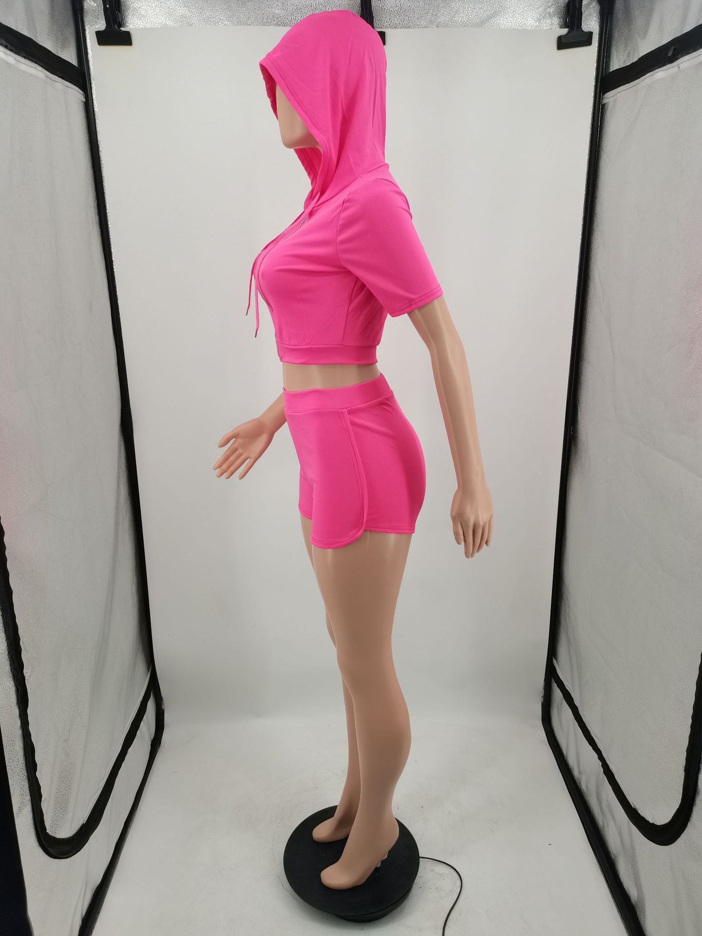 Women's Solid Color Fashion Casual Hooded Zipper Two-Piece Shorts Set 12