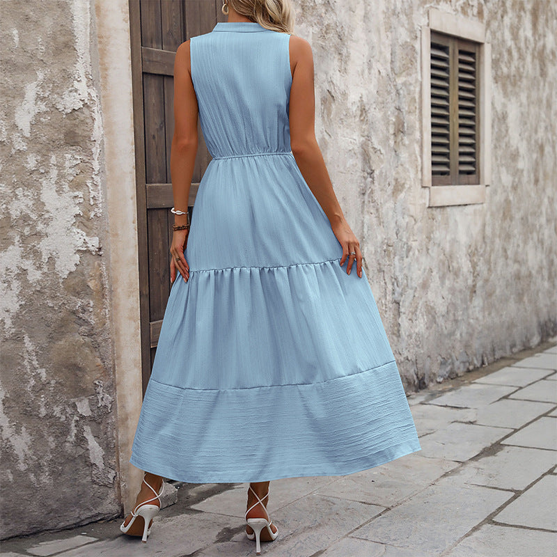 Women V-Neck Summer Sleeveless Patchwork Stand Collar Dress 9