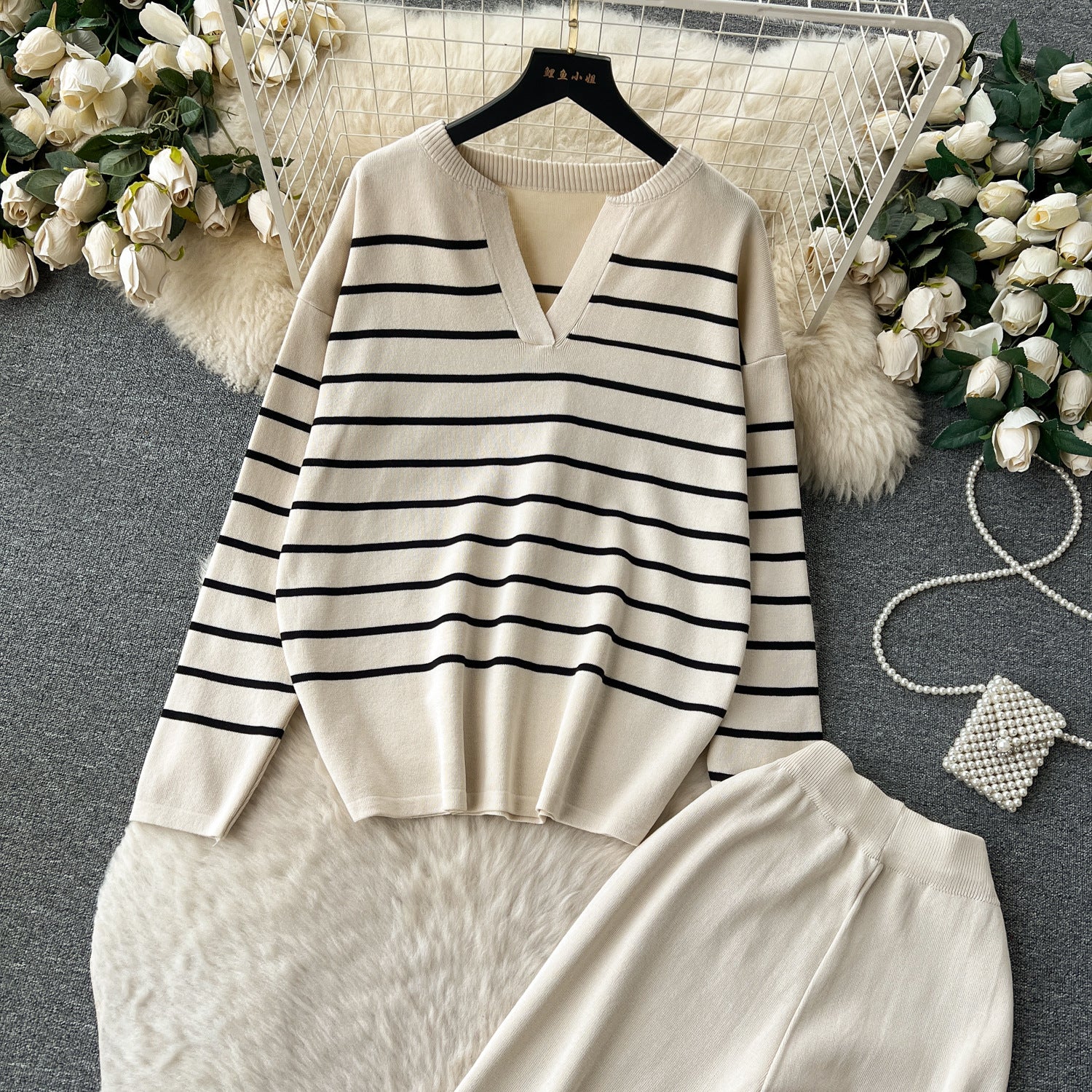 Women Casual V Neck Striped Knitting Top and Pants Two-piece Set 16