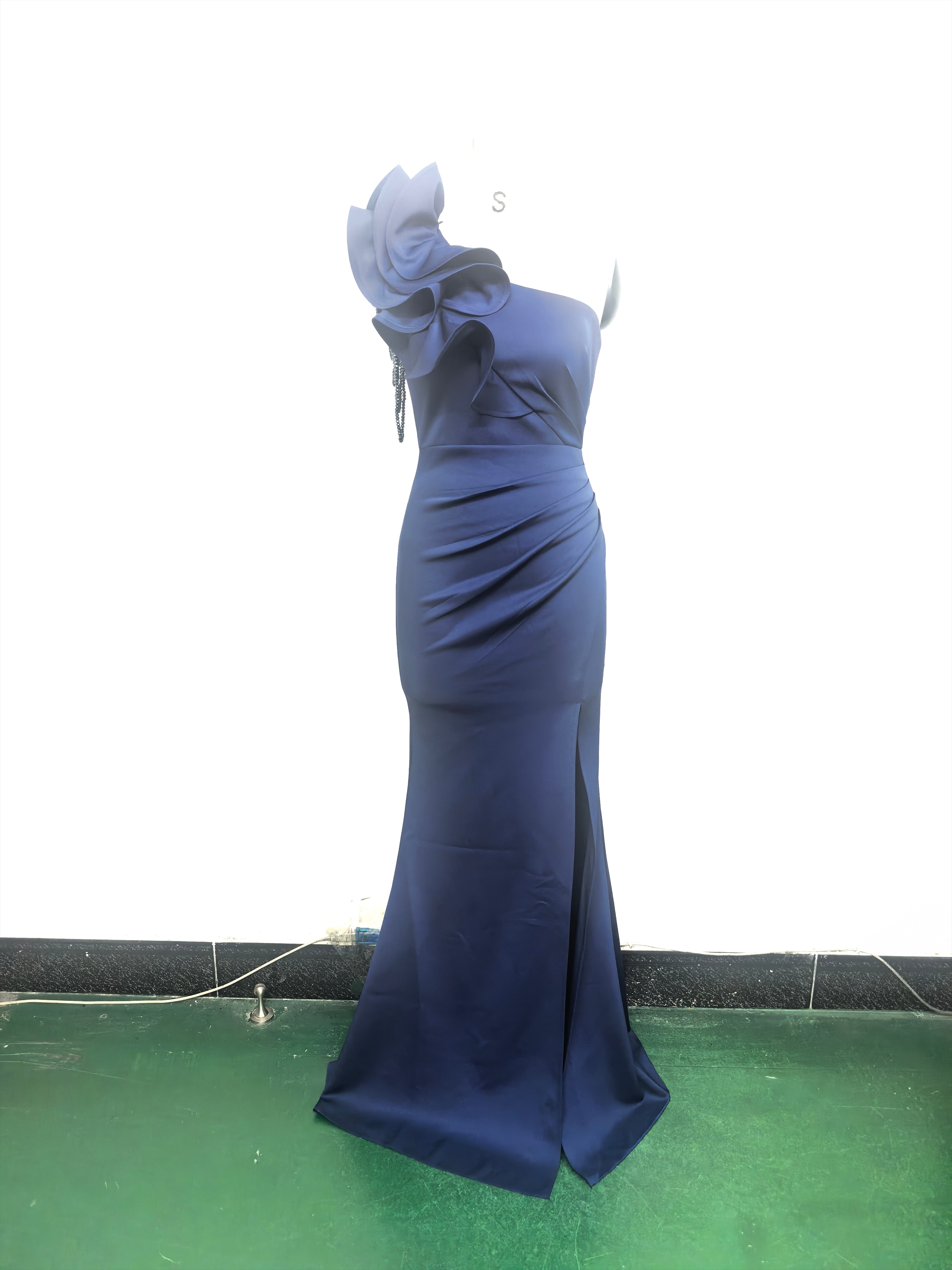 Women One-Shoulder Beaded Wool and Floral Satin Slit Sexy Evening Dress 32