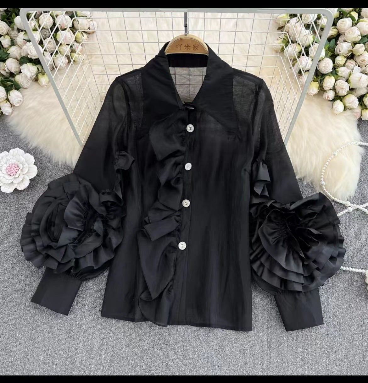 Women Fashion Turndown Collar Ruffled Loose Shirt 11