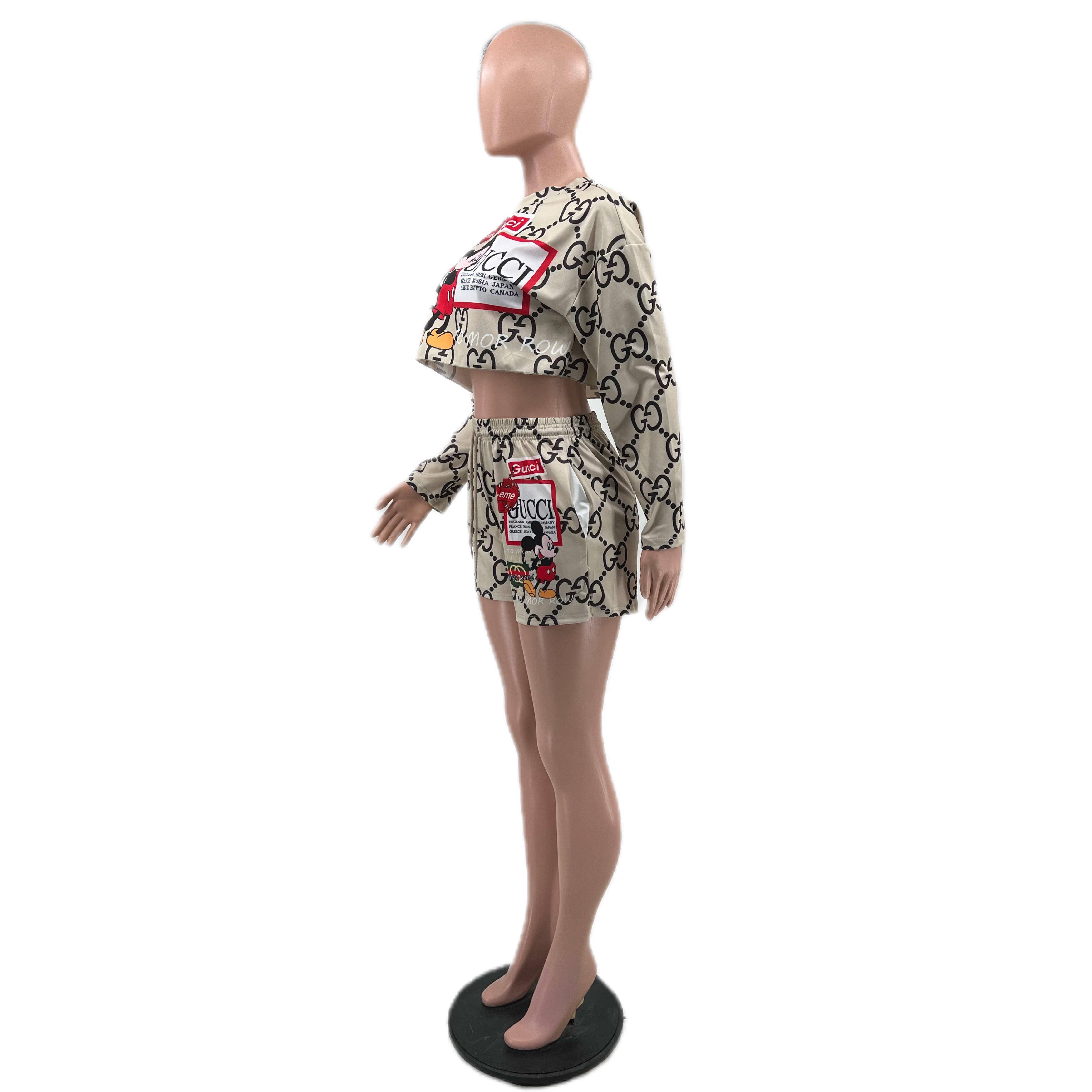 Women Cartoon Print Autumn Long-Sleeved Top and Shorts Two-Piece Set 6