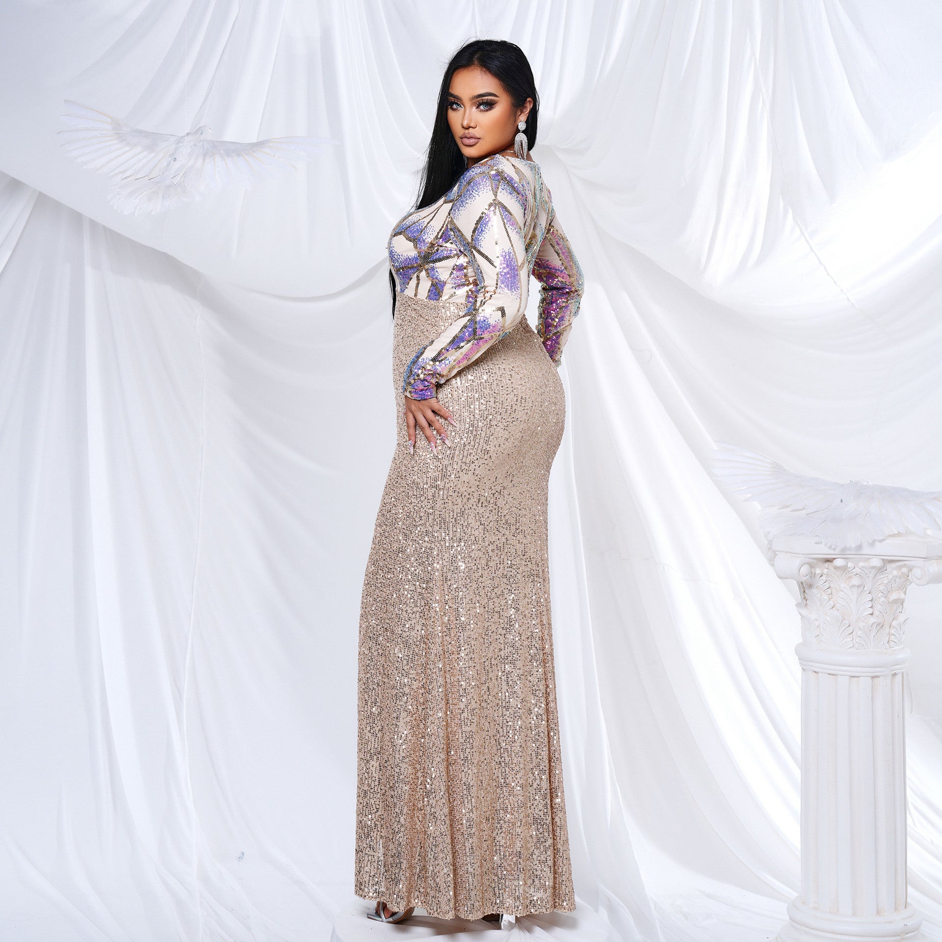 Plus Size Women Long Sleeve Round Neck Formal Party Sequined Fishtail Maxi Evening Dress 5