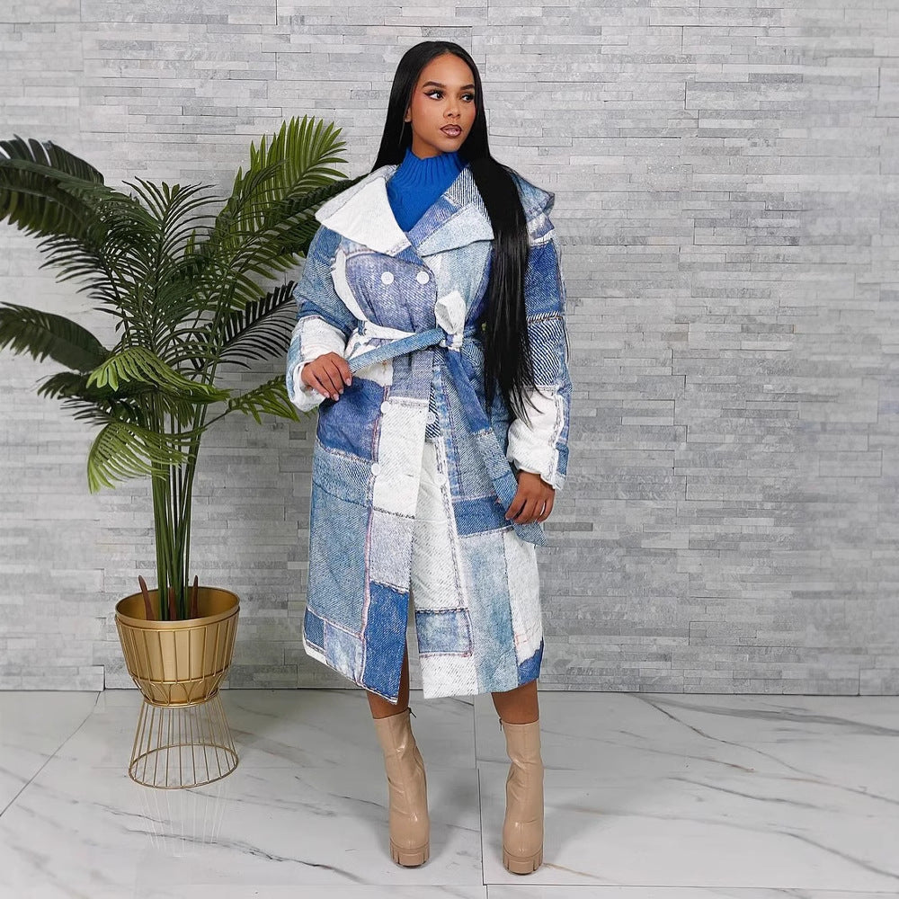 Women Denim patch print Turndown Collar lace-up jacket 6