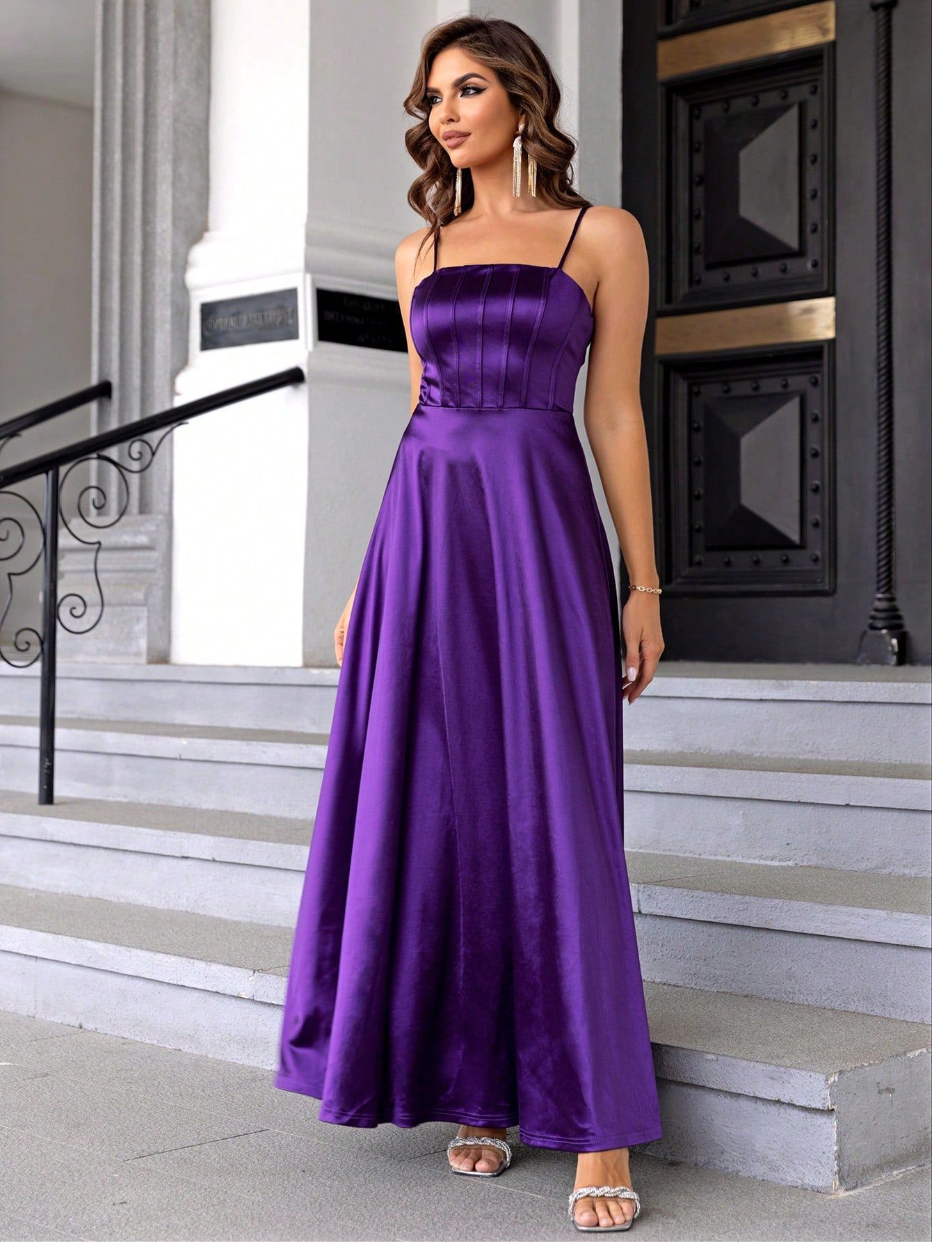 Women Solid Satin Evening Dress 7