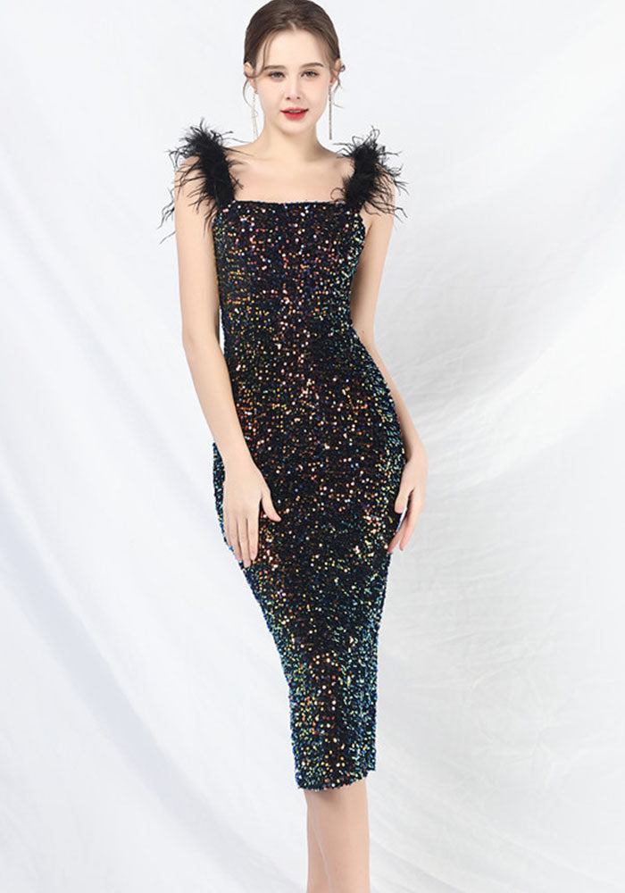 Elegant Feather Strap Sequin Evening Dress 11