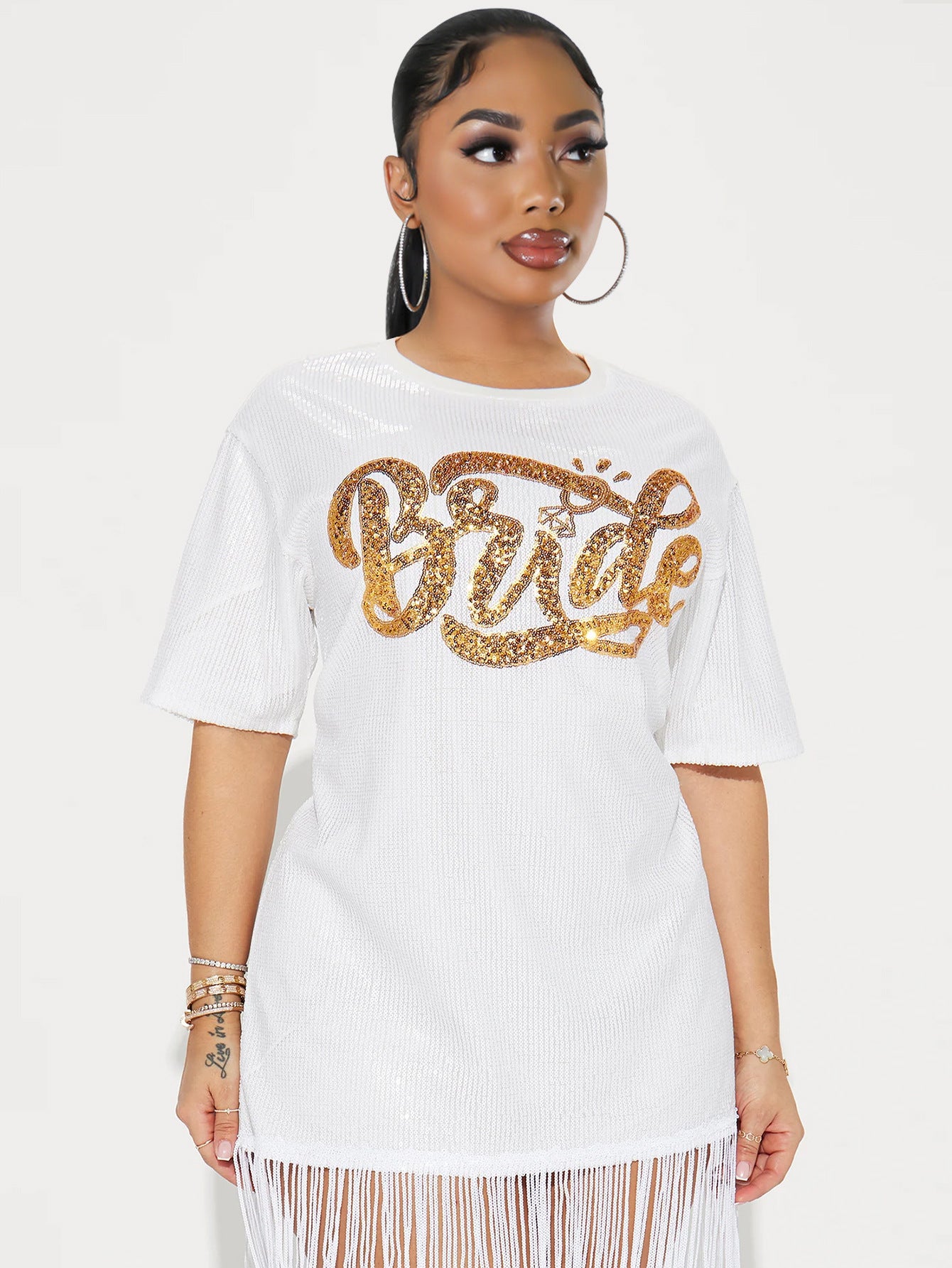 Women Round Neck Short Sleeve Tassel Dress 4